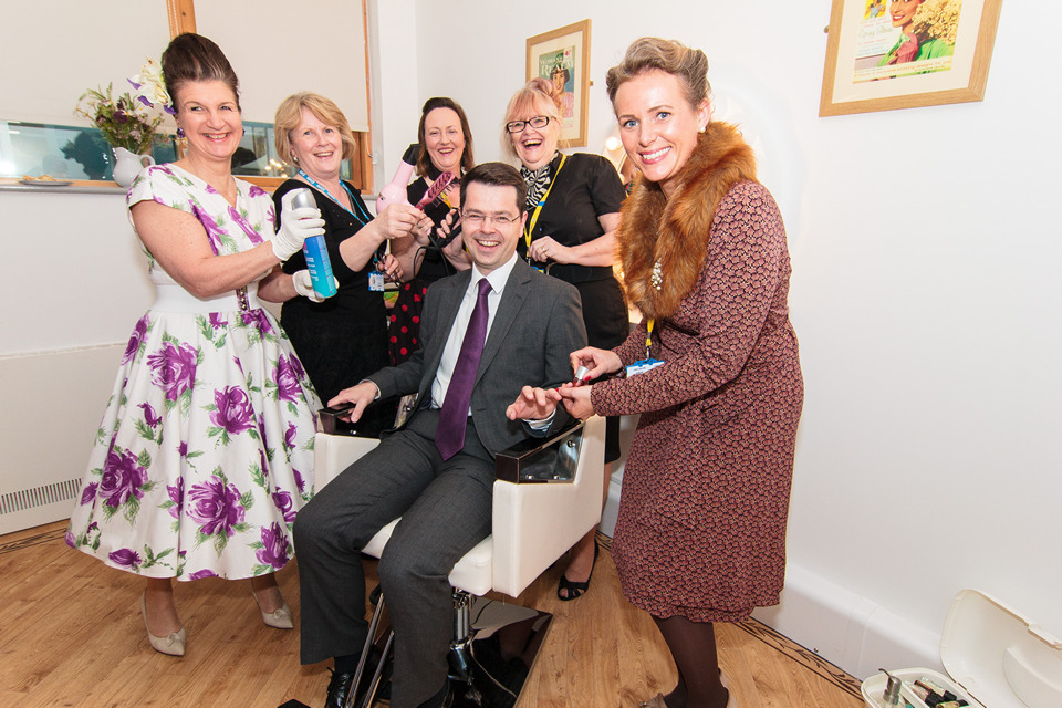 James Brokenshire MP enjoys a pamper session at the 1950s style hair salon in the Dementia unit at Sidcup Hospital's Holbrook Ward. 