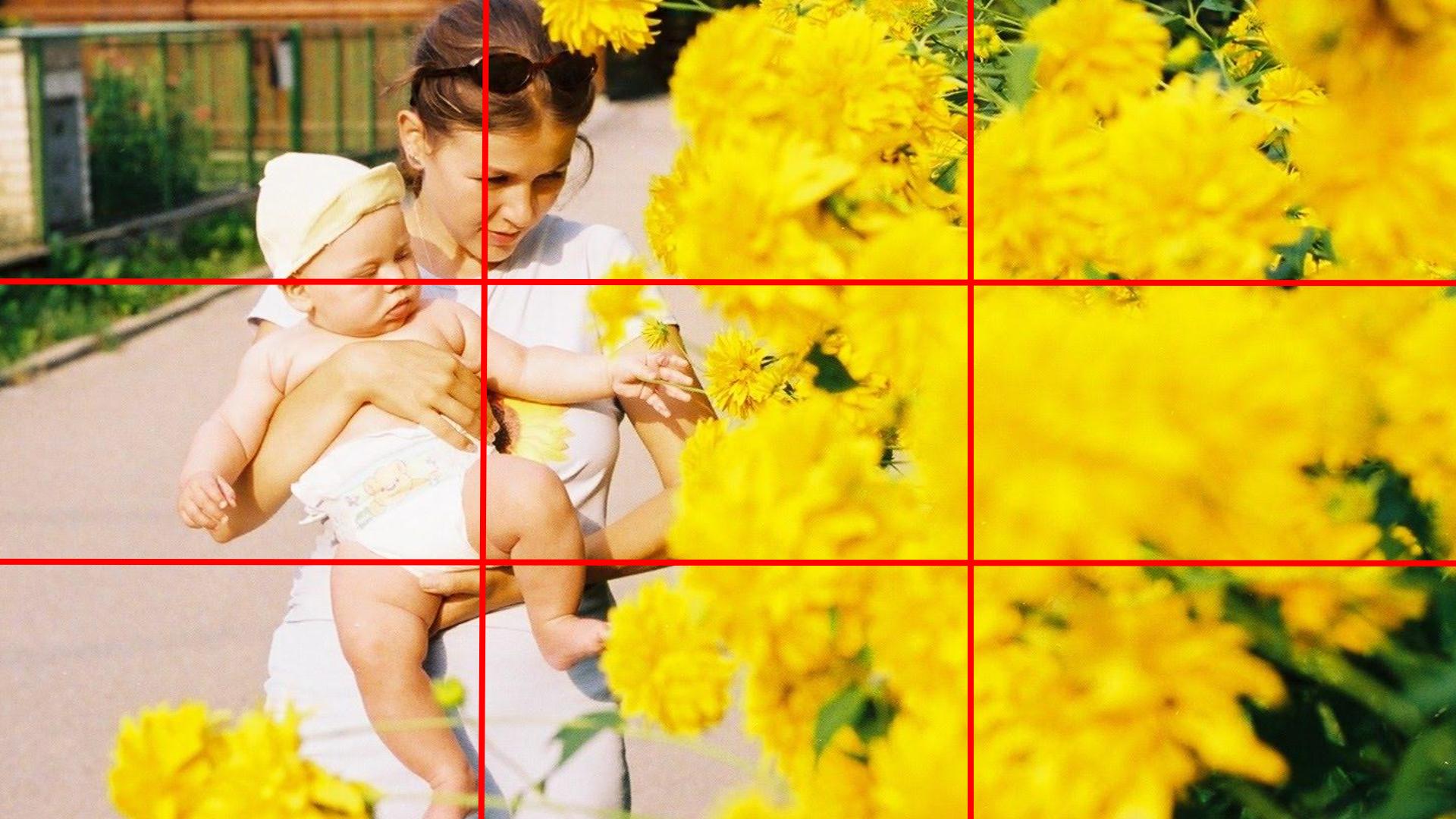image of mother and baby to the left of the shot, looking to the right at bright yellow flowers. A red grid pattern denoting the Rule of Thirds overlays the shot.