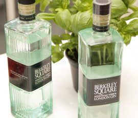 Two clear square bottles of Berkeley Square Gin with a Basil plant behind them